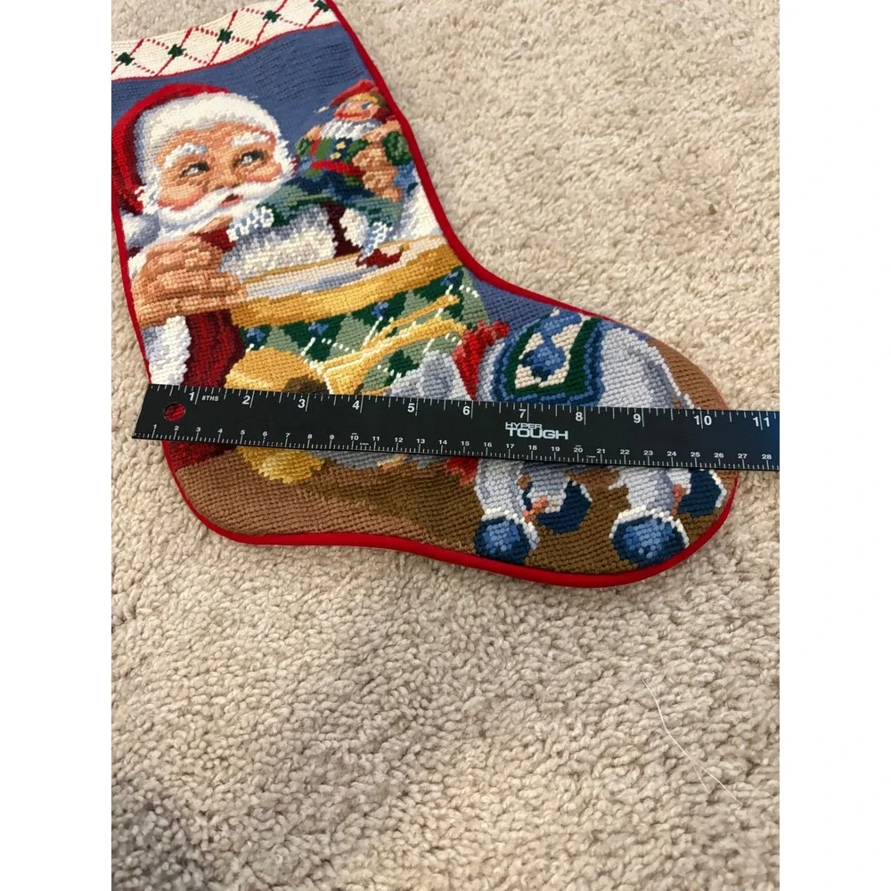 Vintage Santa Claus Christmas Stocking Needlepoint Gift Bag Soft‎ Red Backing